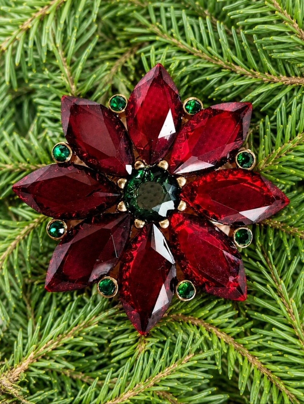 Large Poinsettia Christmas Open Back Brooch Acrylic Rhinestone Gold Tone Vintage